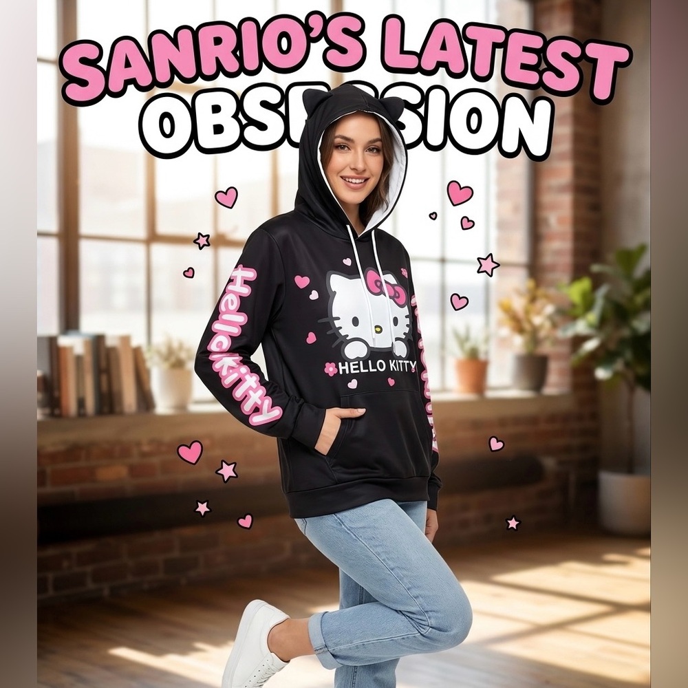 Hello Kitty Black & Pink Cat-Ear Hoodie Teen SZ Large